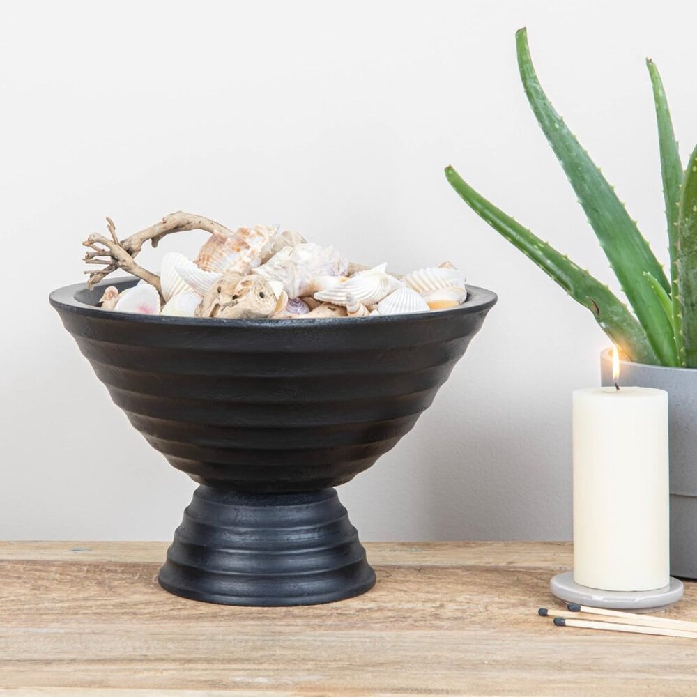 Boho Wood Pedestal Serving Bowl, Black Finish - Picture 2 of 7
